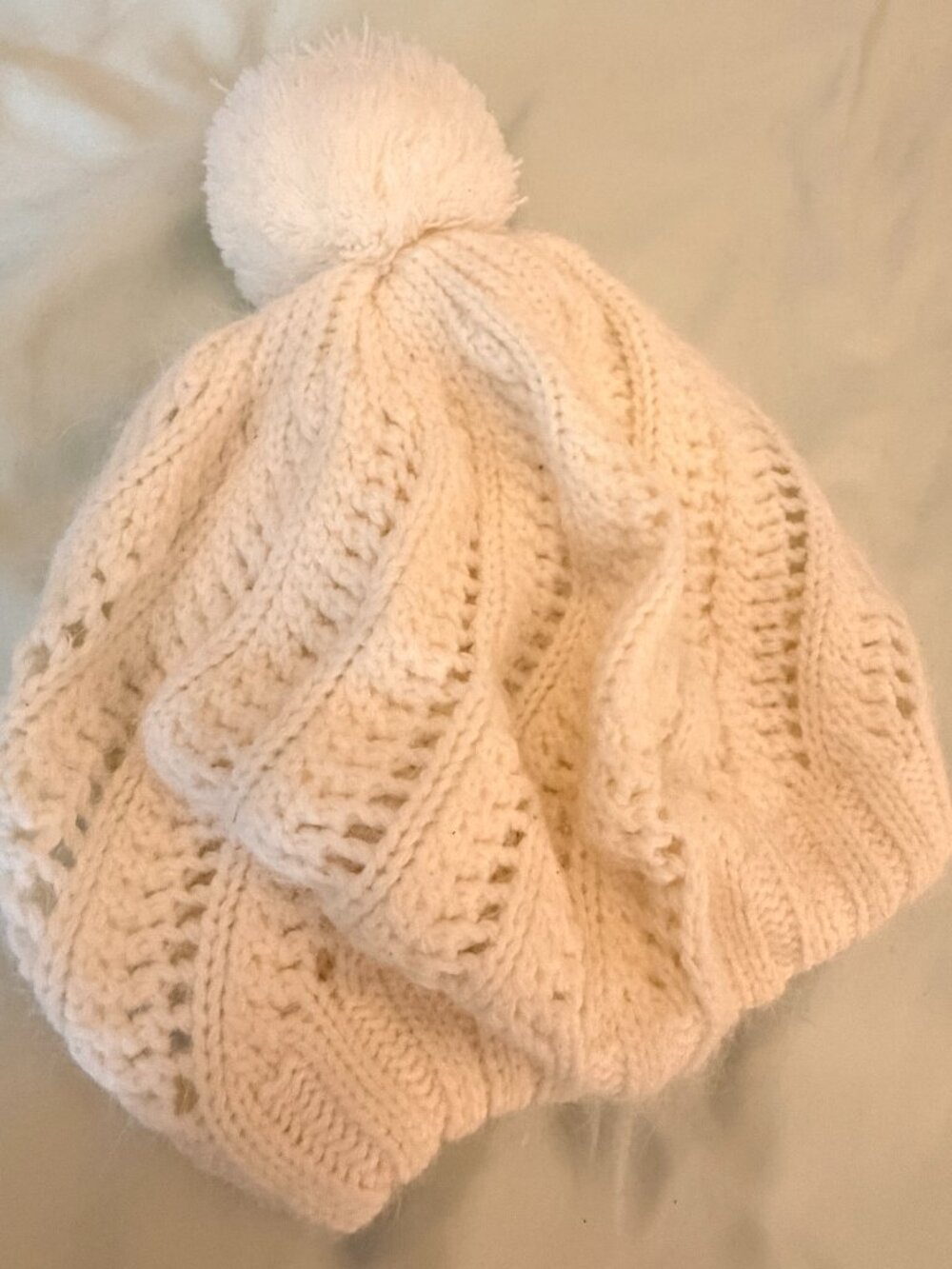 Luxurious Cream 50% Angora Blend Pom-Pom Slouchy Knit Beanie - One Size